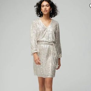 WHBM is Long Sleeve Sequin Surplice Blouson Dress size small